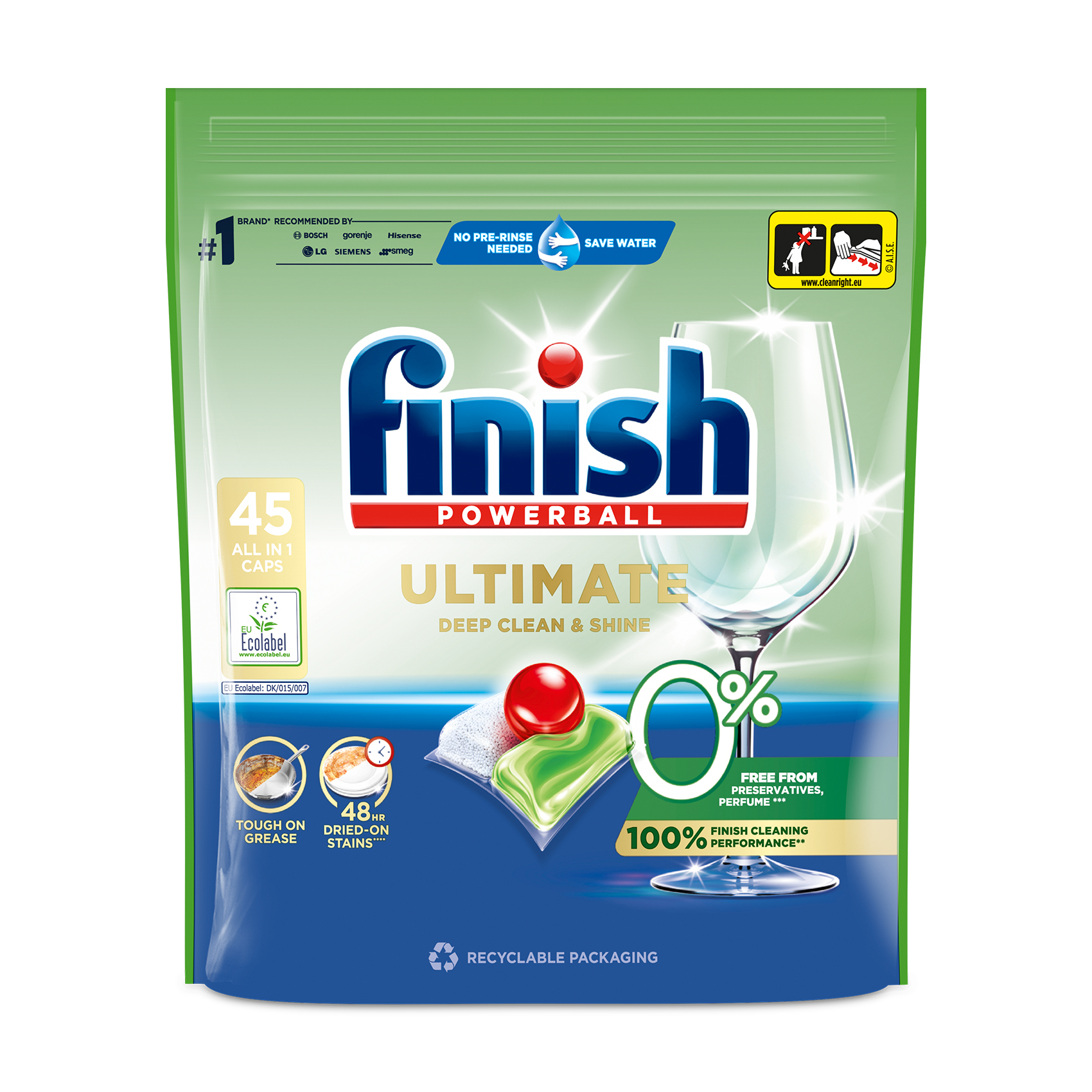 Таблетки для миття посуду в посудомийних машинах Finish Powerball Ultimate 0%, 45 шт
